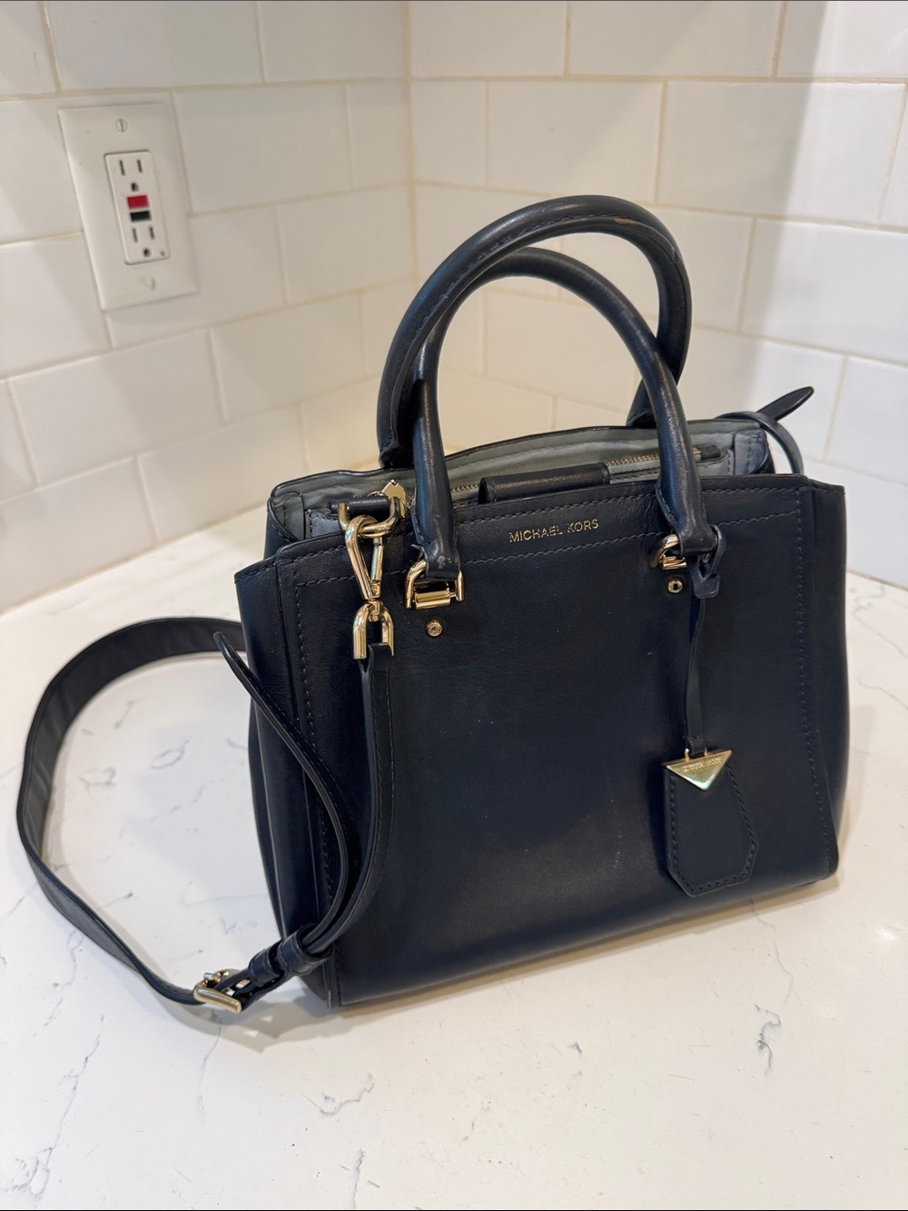 Michael Kors Navy Leather Satchel with Gold Hardware - Picture 3 of 16